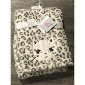 Baby Gear Embroidered Cat Face Blanket Kitten Snow Leopard Animal Print Gray New